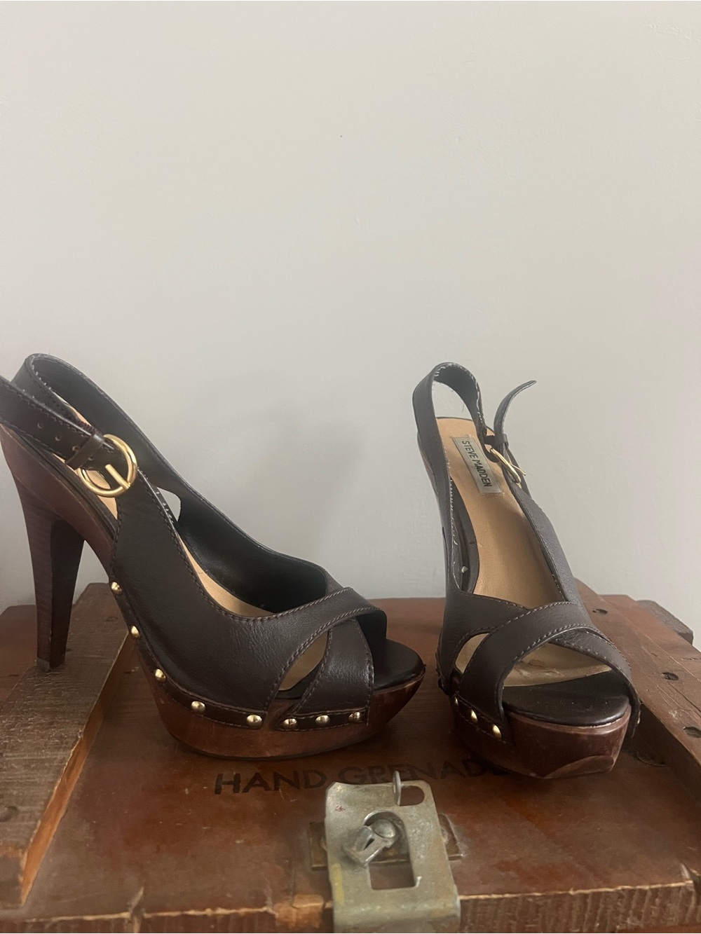 Steve Madden Dark Brown Leather Studded Platform Slingbacks
